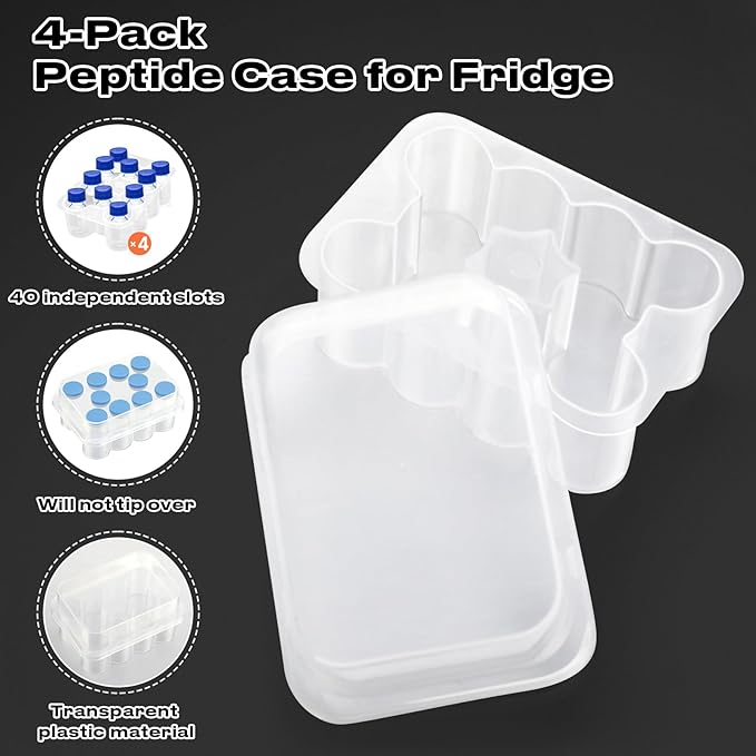 4-Pack Peptide Case for Fridge, Peptide Storage Case for 3 ml Bottles, 10-Slot Insulin & Peptide Holder Each, 40 Slots Total, Semi-Transparent Vial Storage Case for Diabetic Care