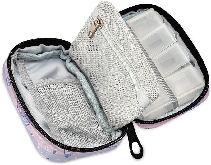 Pink Rockets Satellites Stars Clouds Travel Pill Organizer Case Box Container Weekly Portable Vitamin Medicine Holder Storage Bag with Zipper Removable