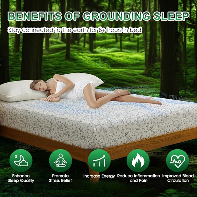 Ivellow Floral Grounding Sheets King 10% Pure Silver Fiber 90% Organic Cotton Fitted Sheet King Size 16” Deep Pocket Soft Earth Connected Bedding Patterned Fitted Bed Sheet with Grounding Cord