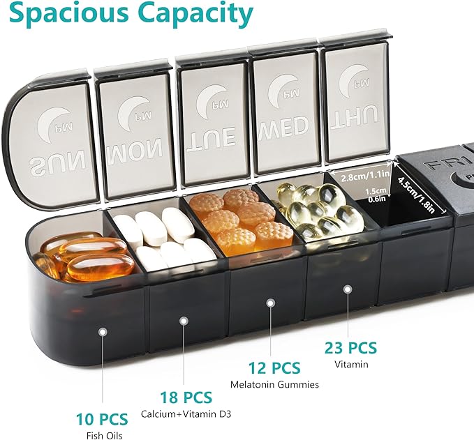 XL AM PM Pill Organizer 2 Times a Day, Fade Resistant Extra Large Weekly Pill Box 7 Day, Double-Sided 14 Compartments for Vitamins, Fish Oil, Supplements & Gummies (Black)
