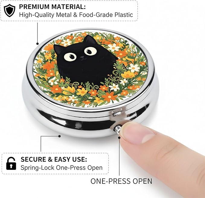 Round Pill Case Small Pill Box with Mirror Pocket 3 Compartment Vitamin Pill Medicine Case Organizer Pill Containers for Traveling Garden Funny Black Cat