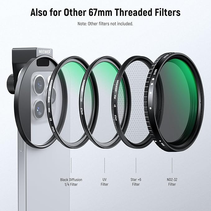 NEEWER Clip On Phone Filter Kit, 67mm Multicoated CPL Filter with Cold Shoe Cell Phone Clamp, Carrying Case & Cleaning Cloth Accessories Compatible with iPhone Samsung Android, FL-79