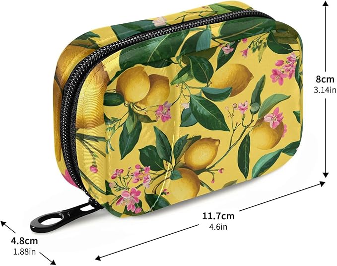 Lemons and Floral Pink Travel Pill Organizer Case Box Container Weekly Portable Vitamin Medicine Holder Storage Bag with Zipper Removable