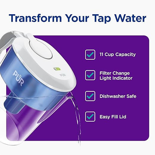 PUR 11-Cup Water Pitcher, 1 Genuine PUR Filter, Cleaner, Great-tasting Water, Dishwasher Safe, Powerful Filtration, Filter Change Light Indicator, LockFit Cap Design - White