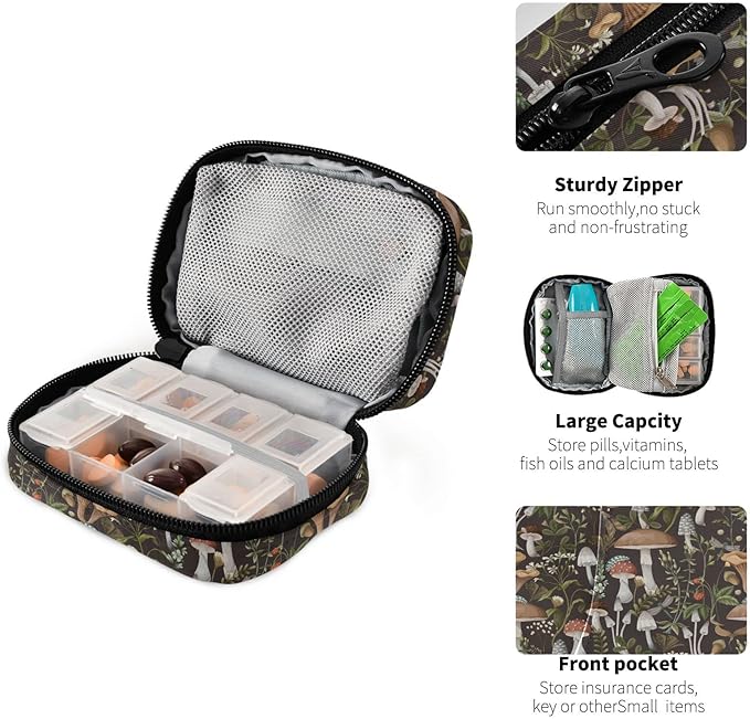Mushrooms Berries Pill Box 7 Day Pill Case Travel Pill Organizer Bag with Zipper Portable Weekly Vitamin Medicine Supplement Holder Pouch Bag