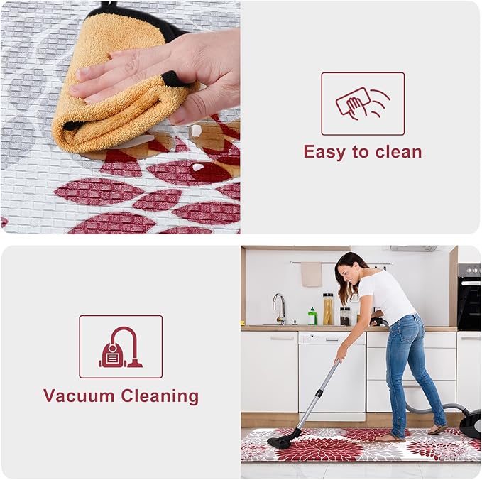Anti Fatigue Kitchen Mats for Floor 2PCS,17"x47"+17"x29" Farmhouse Dahlia Kitchen Rugs Non Slip Rubber Backing,Waterproof Cushioned Standing Mat for Office,Laundry,Sink,Desk,Red