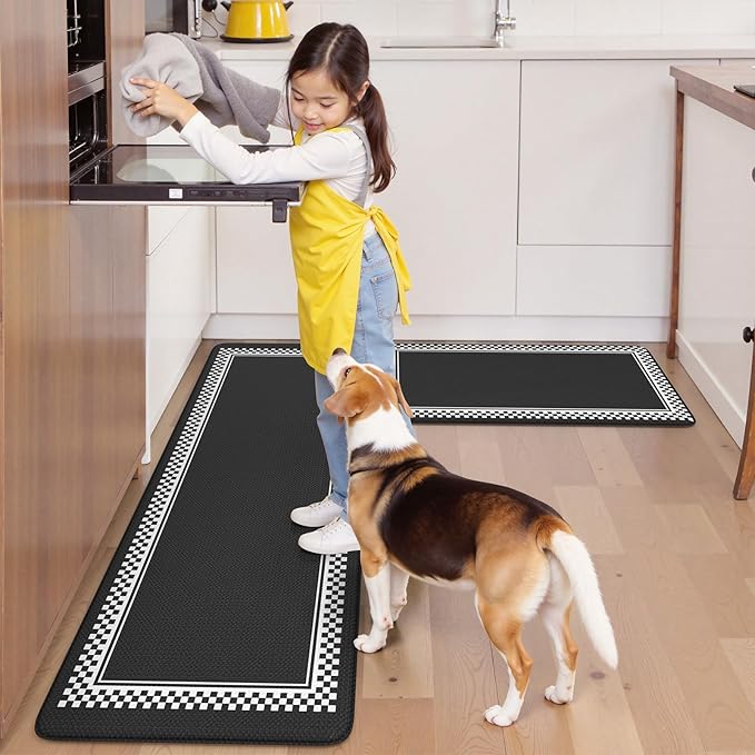 Anti Fatigue Mats for Kitchen Floor,Comfort Kitchen Mats for Floor 2 Piece,Memory Foam Kitchen Mat Non Slip,Cushioned Standing Desk Mat for Office Laundry Sink,Black