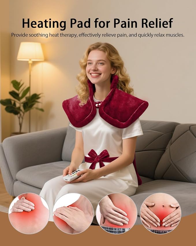 Heating Pad for Back Pain Relief, Mothers Day Gifts for Mom Women Grandma, Edge Weighted Electric Heating Pads for Neck and Shoulders, 6 Heat Settings, 4 Timer Options, Machine Washable, 24"x33", Red