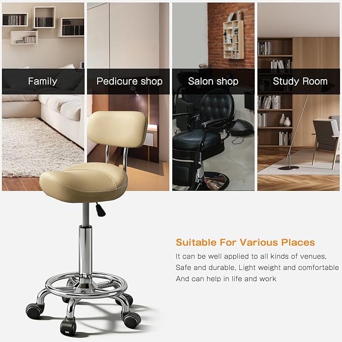 Saddle Stool with Ring Pedal and Back, Adjustable Hydraulic Rolling Chair with Wheels for Medical, Massage, Salon, Spa, Kitchen, and Drafting Use