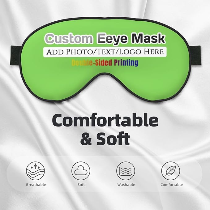 Personalized Eye Mask Add Picture Text Image Logo Custom Travel Sleeping Masks for Home Office Customized Sleep Mask for Men Women Blocks Light Adjustable Strap Neon Green