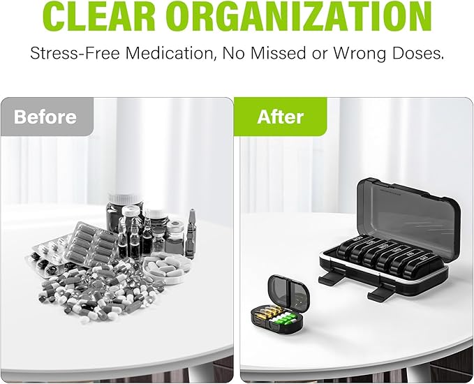 Vikie Weekly Pill Organizer 2 Times a Day with AM PM Sections, BPA-Free, Portable & Moisture-Proof for Pills, Vitamins, Supplements (2x7 Black)