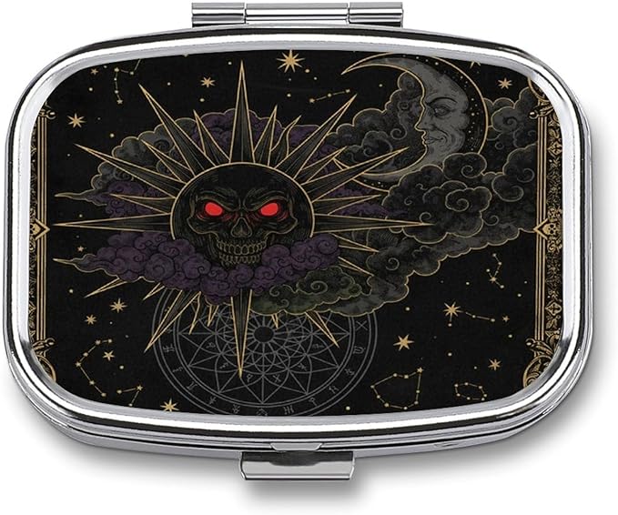 Metal 2 Compartment Pill Organizer Travel Friendly Portable Compact Pill Box Cute Pill Case,for Pocket Wallets Daily Portable Medicine Vitamin Tablet Storage (The Dark Moon and The Sun)