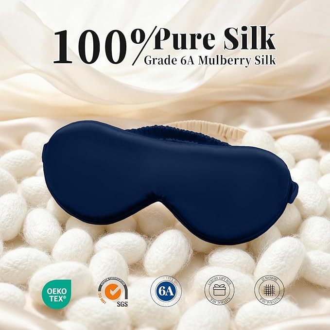 THXSILK 6A+ Grade 25 Momme Silk Sleep Mask, 100% Mulberry Blackout Eye Mask for Sleeping, Soft Lightweight Silk Eye Cover for Women, Men, Travel, Nap, Airplane(4.7×27.5inches, Navy Blue)