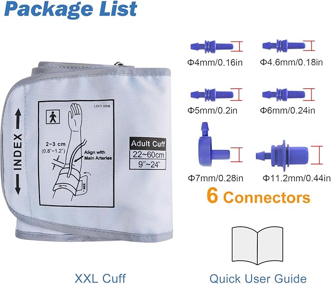 XXL Blood Pressure Cuff 9”-24” (22-60CM) Compatible with Most Automatic Blood Pressure Monitors, Extra Large BP Replacement Cuff for Big Arms - Includes 6 Connectors