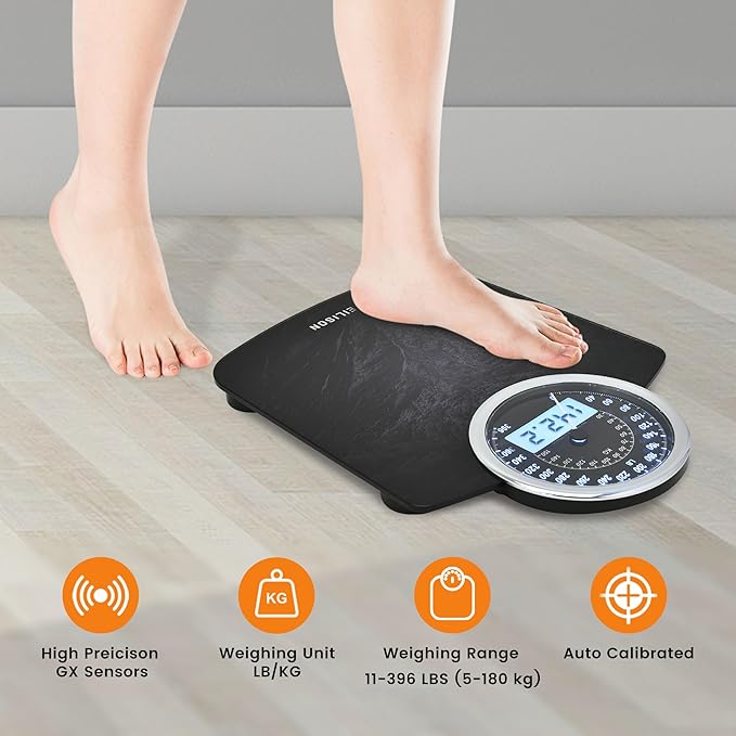 EILISON Highly Advance 2-in-1 Digital & Analog Weighing Scale for Body Weight-400lbs, 4 High Precison GX Sensor Accurate, Thick Tempered Glass, Extra Large Display (New Black)