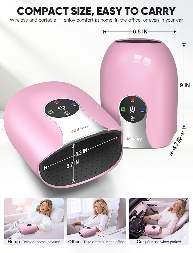 Hand Massager with Heat and Compression : Cordless Heated Hand and Wrist Massager for Palm, Fingers, and Comfort Relief – 4 Modes 6 Intensities, Portable Rechargeable, Wife Husband (Pink)