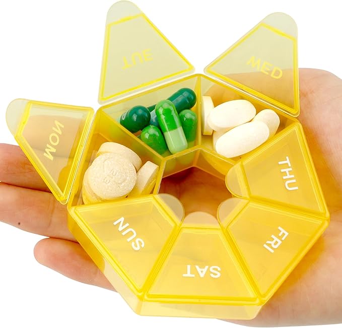 Pill Organizer, Pill Box, Small Pills Case, Medicine Organizer 1 Time a Day,Medicine Holder Container,Weekly Pills Organizers, Daily Travel Medicines Container 7 Day (Yellow)
