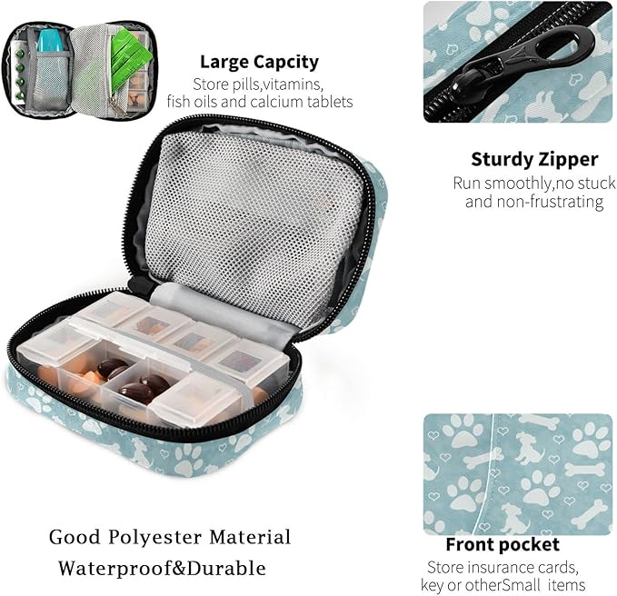 Fustylead Paw Prints Puppy Bone Heart Pill Organizer Travel Bag, Small Portable Pill Case Cute for Vitamin Fish Oil Supplements Medicine Organizer with Zipper