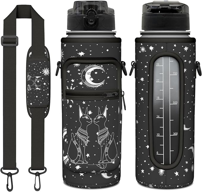 Goth Black Moon Half Gallon Water Bottle with Sleeve -Flip Top Bpa Free 32 OZ - Motivational Time Marker Leakproof Water Jug - Goth Gifts for Women - Halloween Moon for Gifts