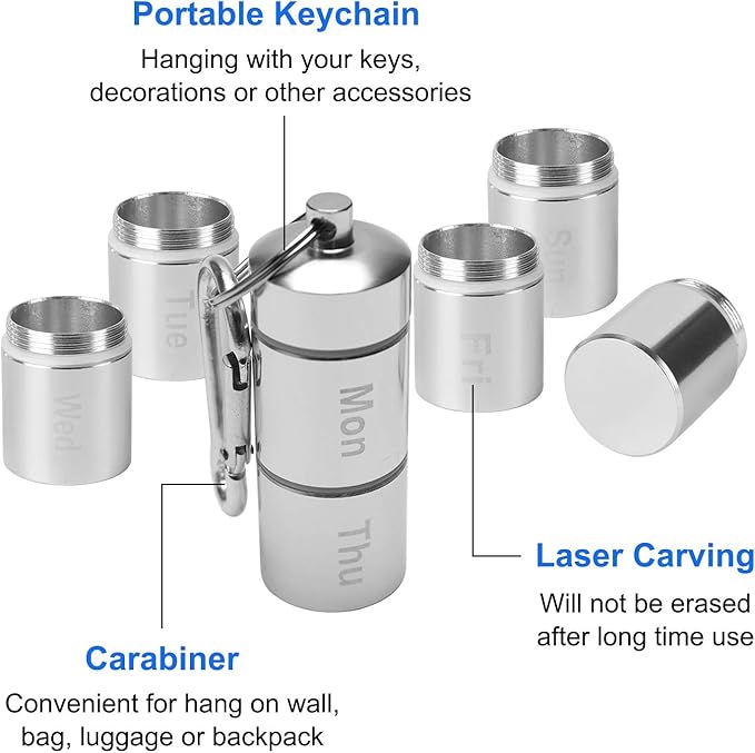 Weekly Pill Case, Portable Pill Box, Giveme5 Aluminum Alloy 7 Days Pill Holder Waterproof 7 Compartments Medicine Organizer Travel Pill Tube Pill Bottle Pill Container w/Keychain and Carabiner (1)