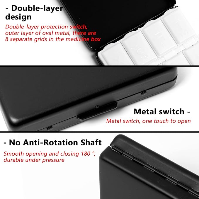 Portable Metal Travel Medicine Box/8 Compartments (Black)