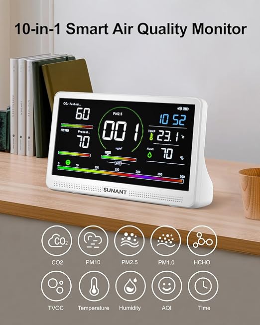 16 in 1 Indoor Air Quality Monitor, 7" LED Display 9 AQI+7 AQI Auto Alerts Air Quality Meter for CO2 Monitor/HCHO/TVOC/Temperature/Humidity, Battery Powered, Air Detector Air Quality Tester for Home