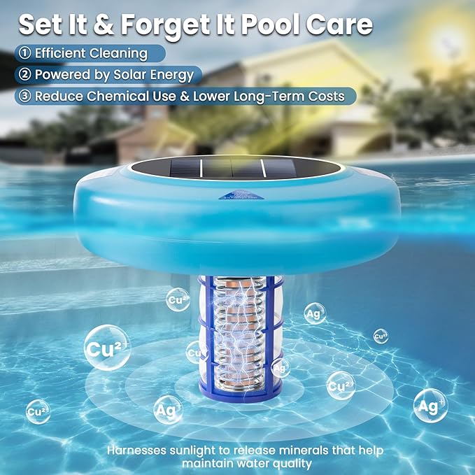 Solar Pool Ionizer – Floating Water Purifier for Pools Up to 45,000 Gallons, Large Solar Panel & Copper Anode, Clear Water with Less Effort