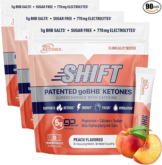 Real Ketones BHB Exogenous Ketones Drink Mix Packets Keto Electrolytes Powder Packets No Sugar with 4 Main Fasting Electrolytes Plus Hydrating Patented Keto BHB - 30 Count Peach Caffeine (Pack of 3)