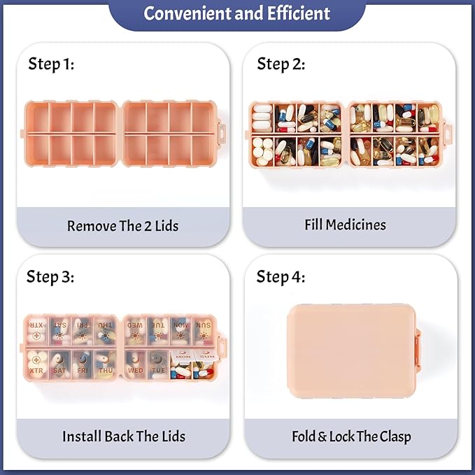 Foldable Weekly Pill Organizer 2 Times a Day with 2 Extra Compartments - Etched Labels - Portable 7 Day AM PM Medicine Box, Week Daily Travel Pill Case Holder Dispenser for Vitamin, Supplement - Pink