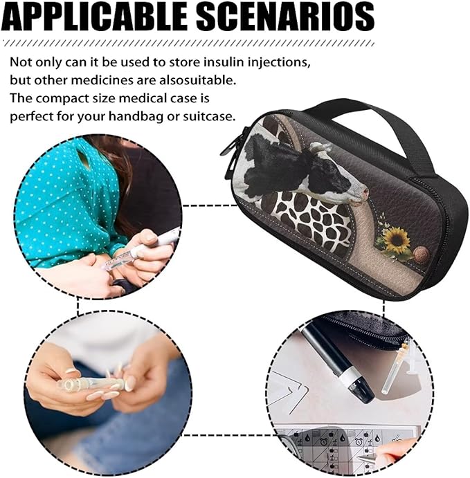 Cute Milk Cow Insulin Cooler Travel Case with Handle and Pockets for Insulin Pens and Diabetic Medical Organizer for Diabetes and Other Diabetic Supplies