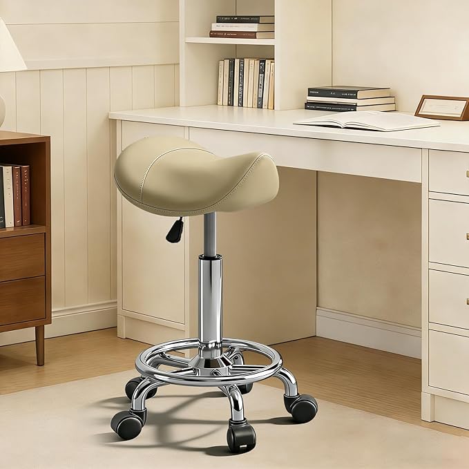 Saddle Stool with Wheels, Adjustable Rolling Stool Chair with Back Support, Ergonomic PU Leather Saddle Chair for Salon, Massage, Tattoo, Medical, Spa, Office (Khaki, 1PCS)