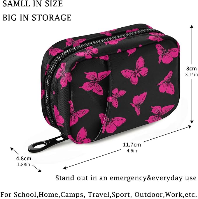 Fustylead Cute Hot Pink Wild Butterfly Pill Organizer Travel Portable Zipper Cloth Bag for Holding Weekly Supplements Vitamins and Fish Oils