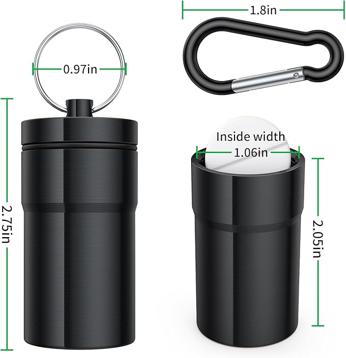 Portable Pill Case Keychain (2 Pack), Large Waterproof Aluminum Pill Box for Round Glucose Tablets & Critical Medicine, Small Pill Holder Travel Pill Container Bottle with Carabiners