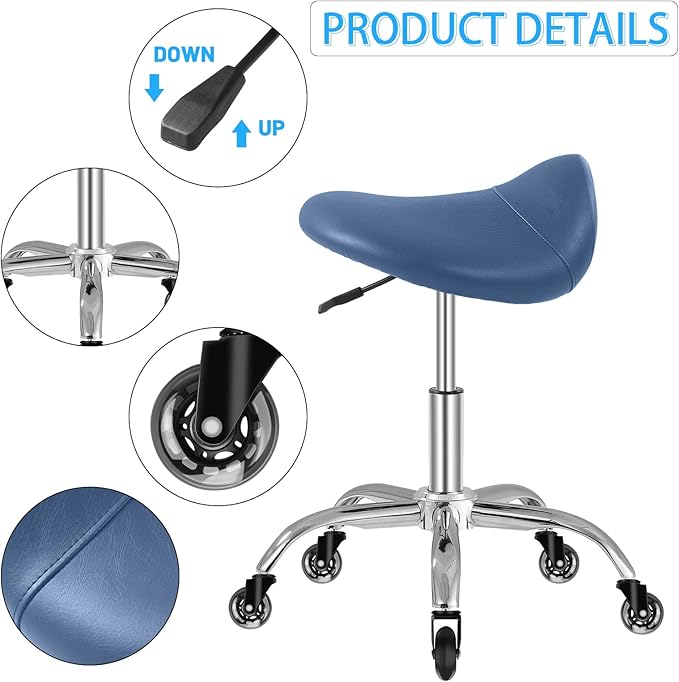 SALONFACTORY Saddle Stool with Wheels 300 lbs Weight Capacity, Heavy Duty Rolling Stool for Medical Massage Salon Kitchen Spa Drafting Nail-Tech,Height Adjustable,360 Swivel,Wide Thick Seat Padding