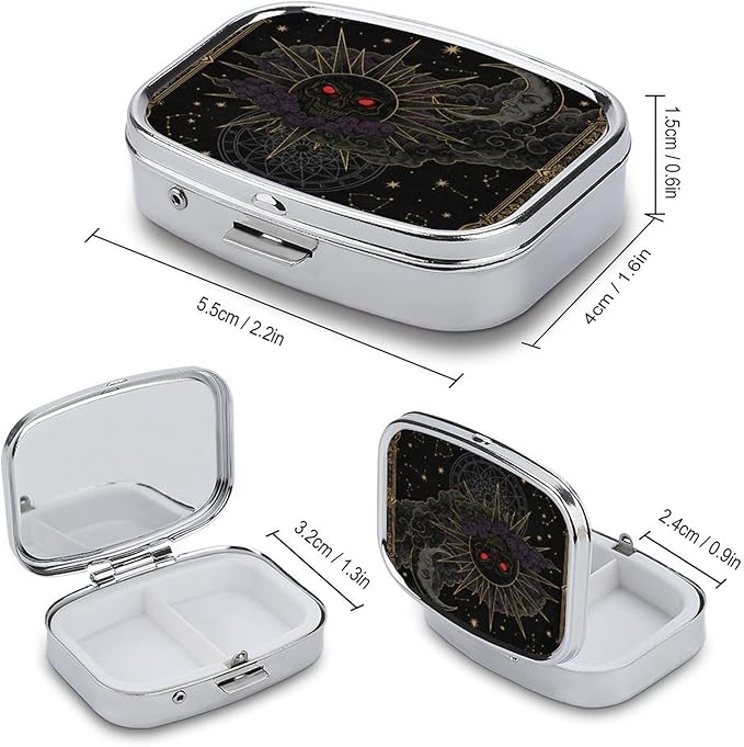 Metal 2 Compartment Pill Organizer Travel Friendly Portable Compact Pill Box Cute Pill Case,for Pocket Wallets Daily Portable Medicine Vitamin Tablet Storage (The Dark Moon and The Sun)