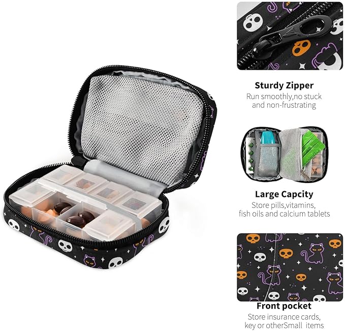 Halloween Skulls and Black Cat Pill Box 7 Day Pill Case Travel Pill Organizer Bag Container for Medicine with Zipper Portable Weekly Case Compact Size for Medicine, Vitamin, Supplement