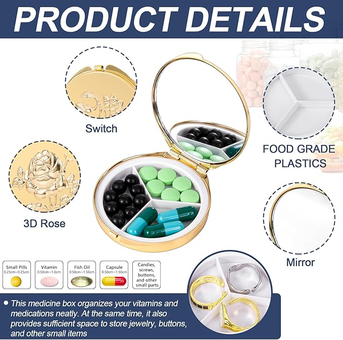 Portable Round Metal Pill Case with Mirror, Featuring 3 Compartments—Perfect for Travel. BPA-Free. (S-Gold, Small)