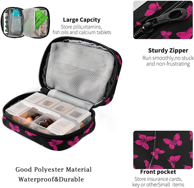 Fustylead Cute Hot Pink Wild Butterfly Pill Organizer Travel Portable Zipper Cloth Bag for Holding Weekly Supplements Vitamins and Fish Oils