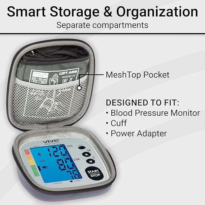 Vive Precision Blood Pressure Monitor Case - Hard Carrying Medical Travel Storage Bag - Universally Compatible Portable BPM Cuff, Health Accessories Pouch Replacement with Carrying Strap - Shockproof