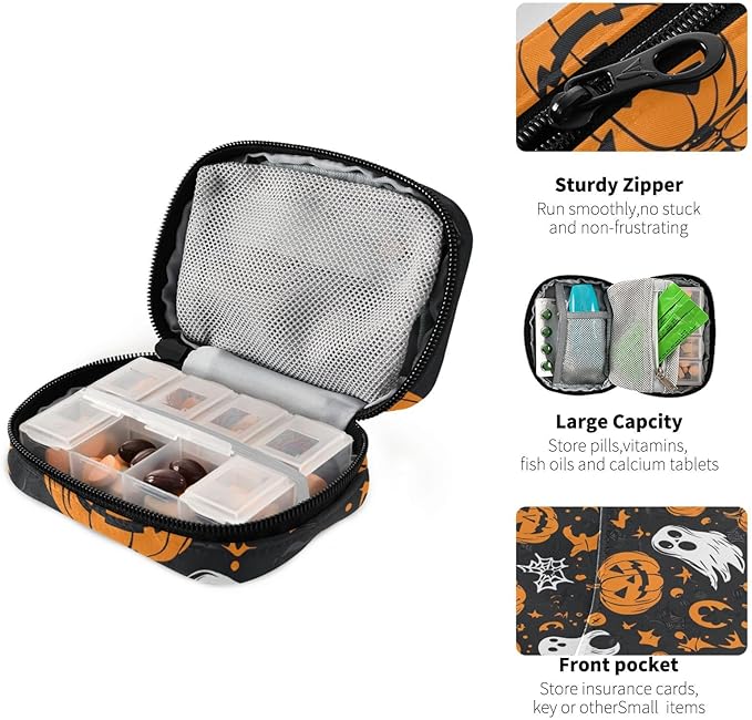 Gothic Funny Halloween Ghost and Pumpkins Travel Pill Organizer Case Box Container Weekly Portable Vitamin Medicine Holder Storage Bag with Zipper Removable