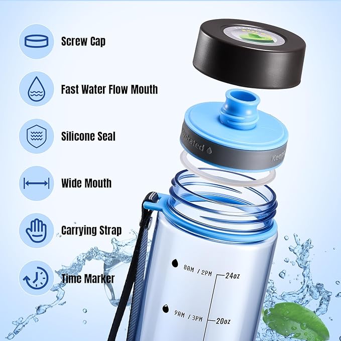 Plastic Water Bottles, 28oz Clear Water Bottle with Measurements, Wide Mouth Water Bottle with Strap, Gym Water Bottles for Men (Blue)
