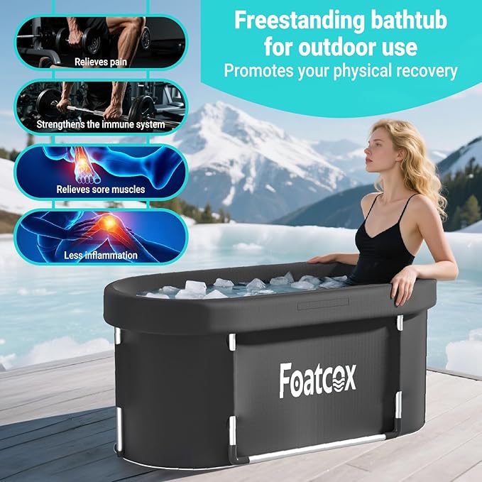 Portable Ice Bath Tub with Cover, Foldable Cold Plunge Tub for Outdoor Indoor, Large Bathtub for Athletes Ice Baths - 116.8 X 59 X 56 Cm