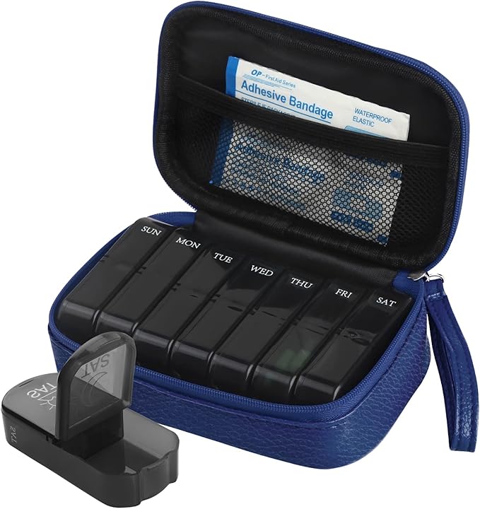 Weekly PU Leather Pill Bag Organizer Case 2 Times a Day, AM PM Daily Pill Box to Hold Vitamin, Fish Oil, Supplements and Medicine (Blue)