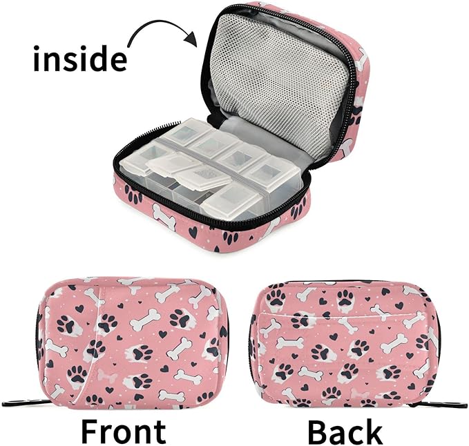 Fustylead Black Dog Paw Prints and Hearts Bones Pill Organizer and Storage Weekly with Zipper, Removable Pill Box Portable Medicine Organizer for Vitamin Fish Oil Supplement