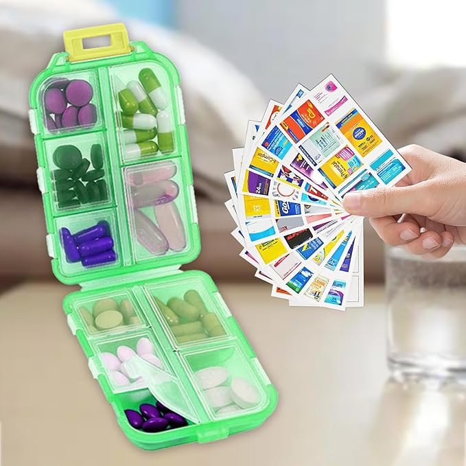 INVODA 7-Day Pill Organizer with Medicine Labels Travel Pill Case Compact, Portable Medication Organizer for Daily Use (3.7 x 2.4 x 1.18 Inches)