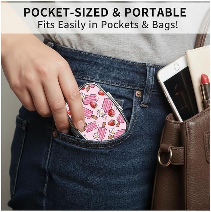 Ice Cream Pill Box 2 Compartment Small Pill Case,Portable for Pocket or Purse Pill Organizer Pill Container Holder with Mirror to Hold Vitamins, Medication, Fish Oil and Supplements