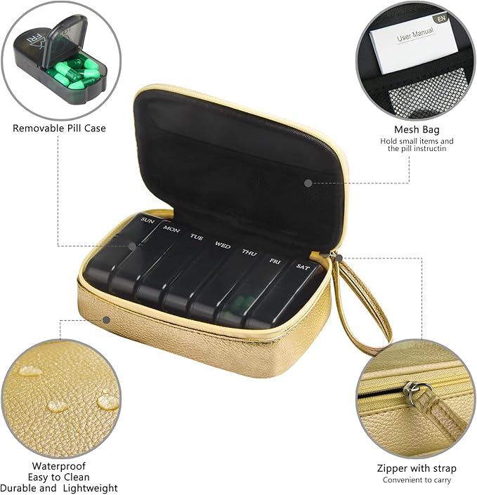 Weekly PU Leather Pill Bag Organizer Case 2 Times a Day, AM PM Daily Pill Box to Hold Vitamin, Fish Oil, Supplements and Medicine (Gold)