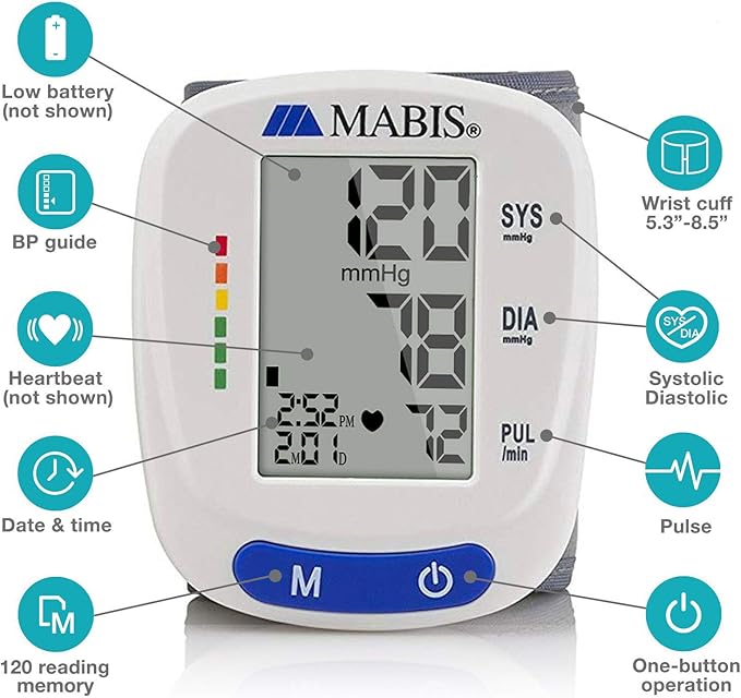 Mabis Digital Premium Wrist Blood Pressure Monitor with Automatic Wrist Cuff that Displays Blood Pressure, Pulse Rate and Irregular Heartbeat, Stores up to 120 Readings