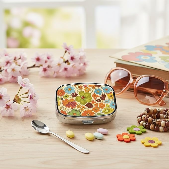 Square Pill Case Small Pill Box with Mirror Pocket 2 Compartment Vitamin Pill Medicine Case Organizer Pill Containers for Traveling Vintage Flower Petals One