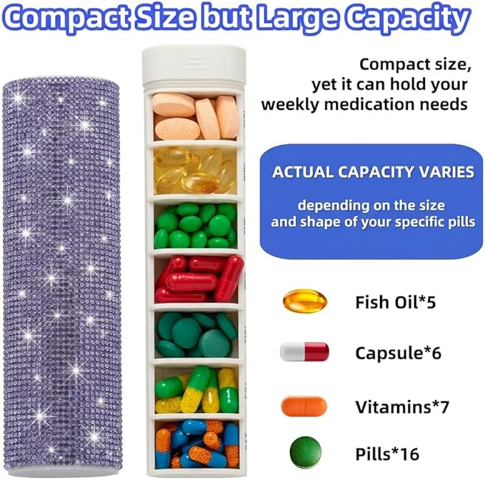 Pill Case for Purse Bling 7-Day Pill Organizer Weekly Compact Medicine Containers Travel Medication Box Holder for Traveling Women(Purple)